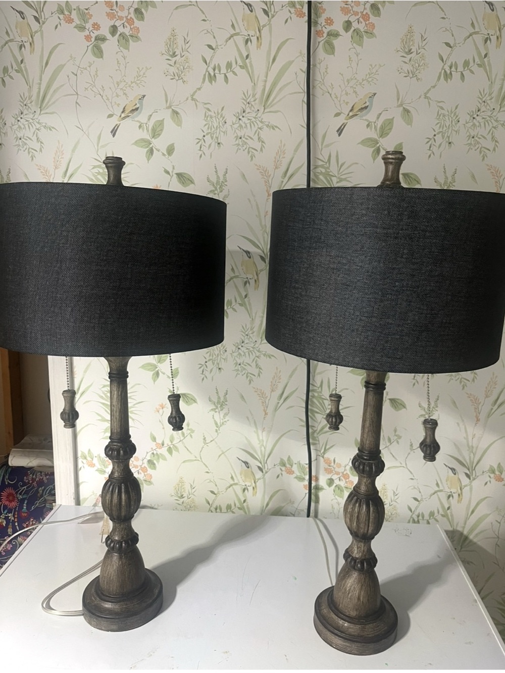 Classic Black Drum Shade Table Lamp Pair - Unbranded